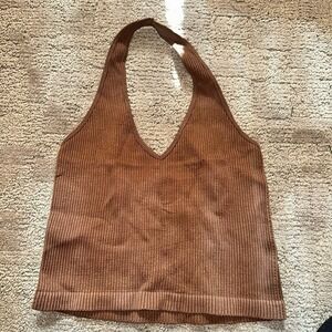 Bella Seamless Women's Ribbed Brown Halter Tank Top Sz Medium Cropped Stretchy
